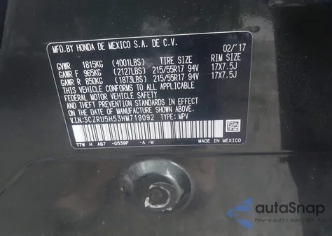 2017 Honda Hr-V Ex z USA, uszkodzony, nr VIN 3CZRU5H53HM719092